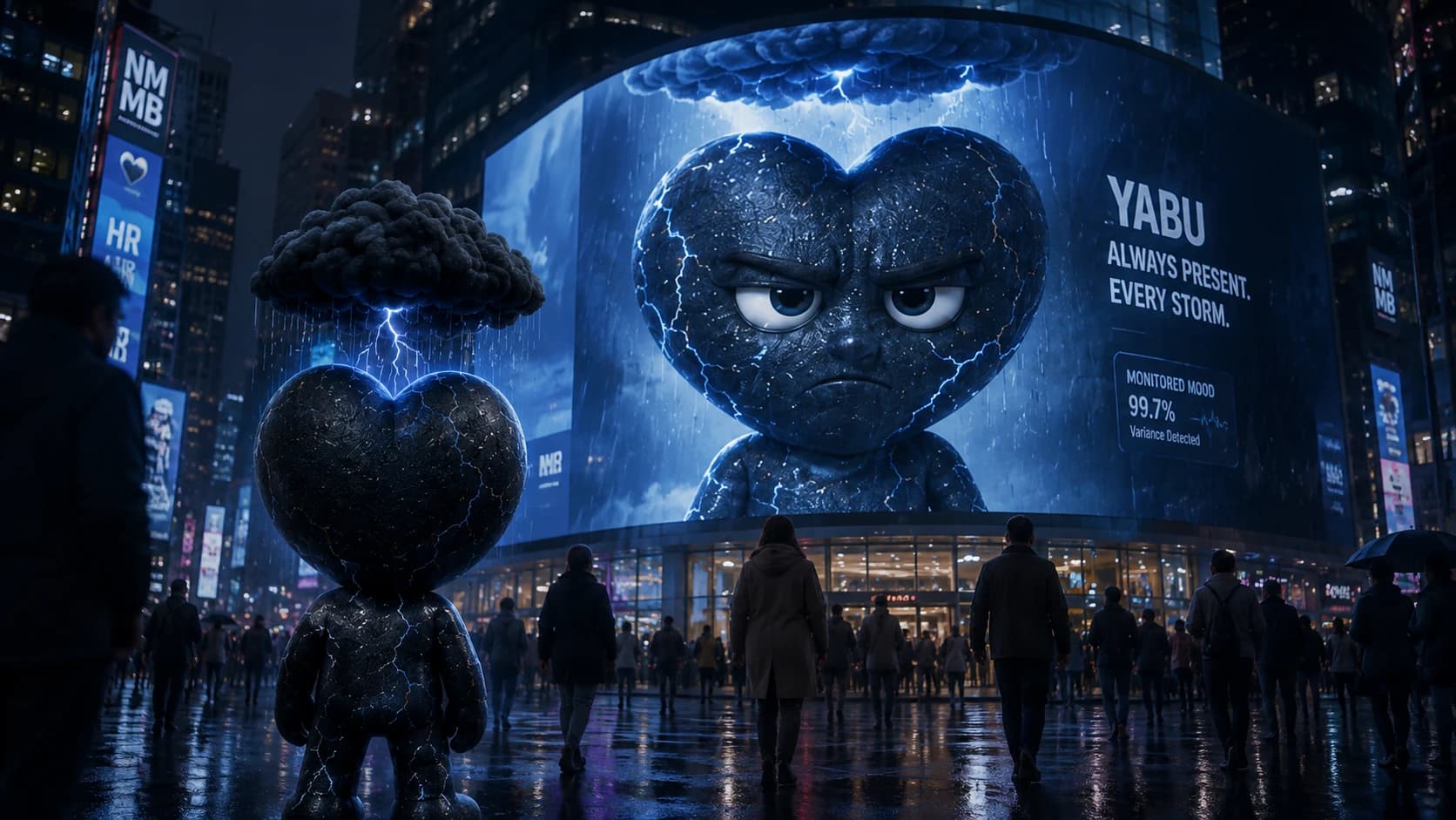 Yabu standing before an enormous personalized display in a dark public plaza
